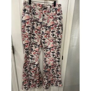 Machine Flare Pants Pink Mushroom Print High Waisted Bell Bottoms Boho Festival